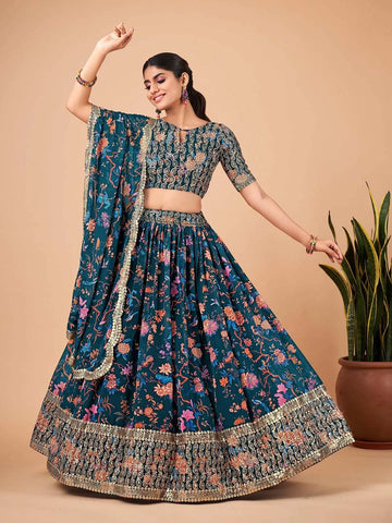 Embroidered Semi-Stitched Lehenga & Unstitched Blouse With Dupatta-Navy blue and pink