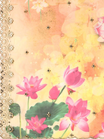 Printed Semi-Stitched Lehenga & Unstitched Blouse With Dupatta-Yellow and white