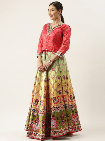 Printed Semi-Stitched Lehenga & Unstitched-Pink and green