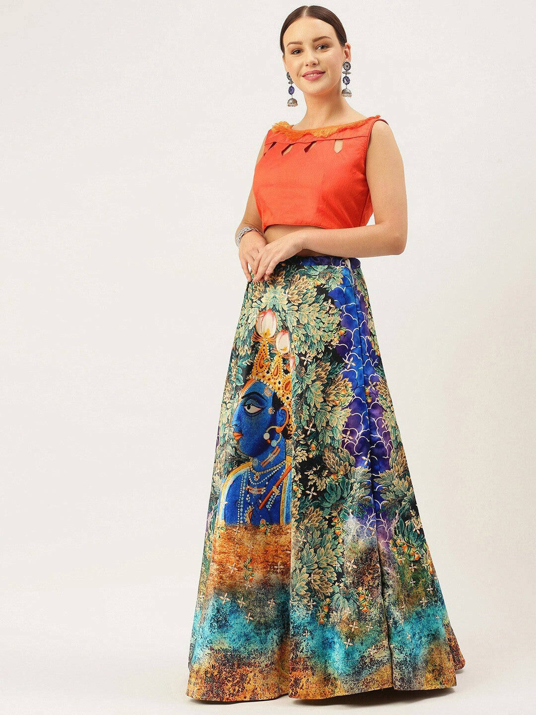 Printed Semi-Stitched Lehenga & Unstitched Blouse With Dupatta-blue and yellow