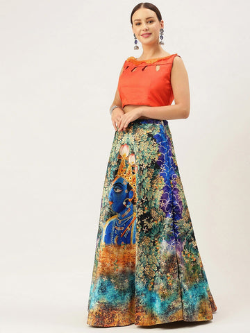 Printed Semi-Stitched Lehenga & Unstitched Blouse With Dupatta-blue and yellow