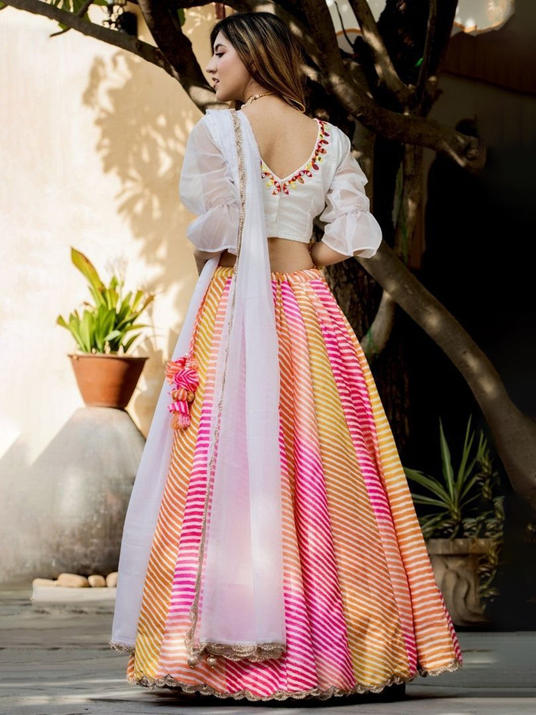 Embroidered Semi-Stitched Lehenga & Unstitched Blouse With Dupatta-Pink, yellow and white