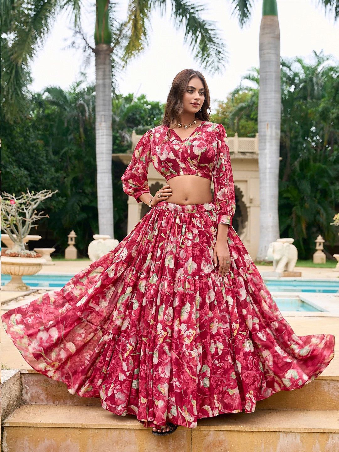 Printed Semi-Stitched Lehenga & Unstitched-Red and green