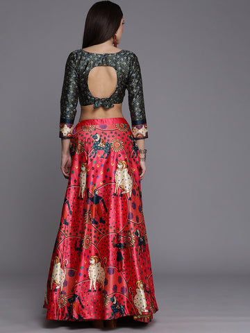 Printed Semi-Stitched Lehenga & Unstitched Choli-pink and black