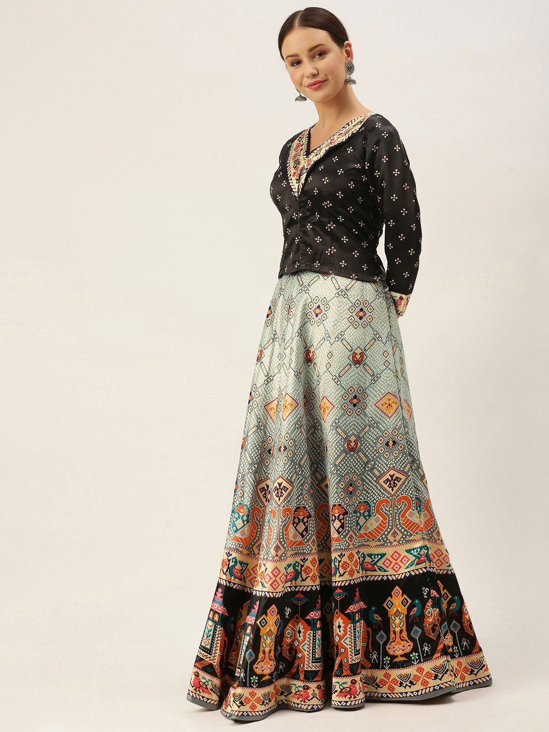 Printed Semi-Stitched Lehenga Choli-Black and beige