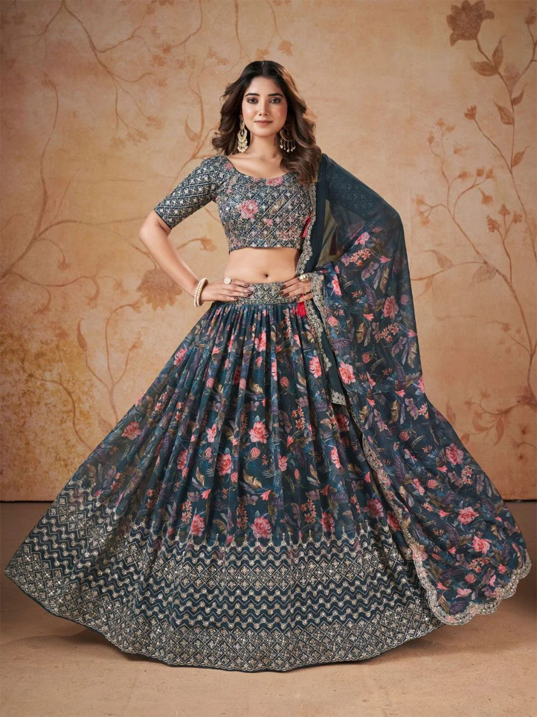 Embellished Sequinned Semi-Stitched Lehenga & Unstitched Blouse With Dupatta-Blue and green