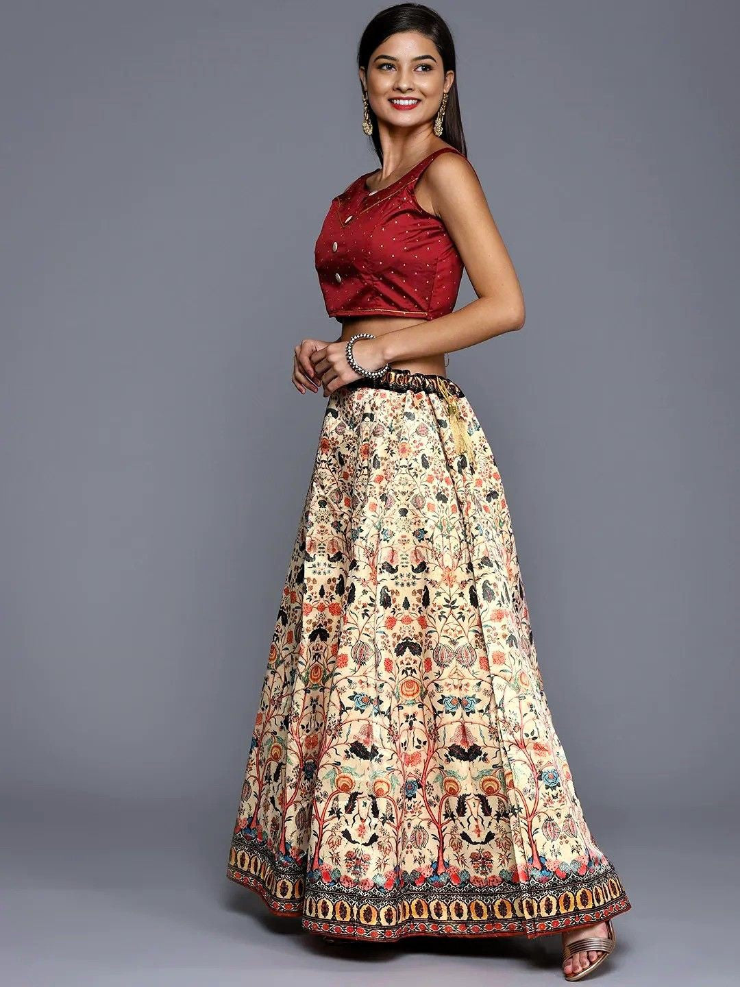 Women Printed Semi-Stitched Lehenga & Unstitched Blouse With Dupatta-Cream and maroon