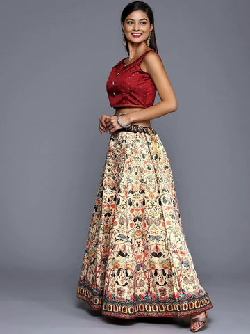 Women Printed Semi-Stitched Lehenga & Unstitched Blouse With Dupatta-Cream and maroon