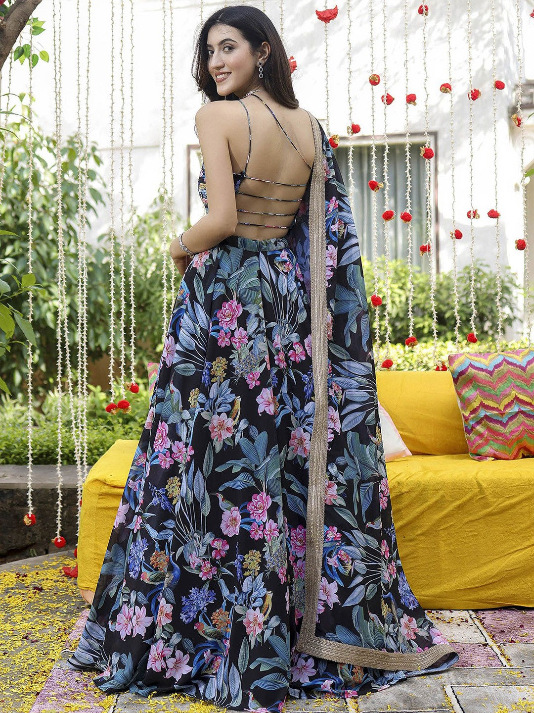 Printed Sequinned Semi-Stitched Lehenga & Unstitched Blouse With Dupatta-Black and pink