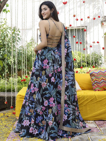 Printed Sequinned Semi-Stitched Lehenga & Unstitched Blouse With Dupatta-Black and pink