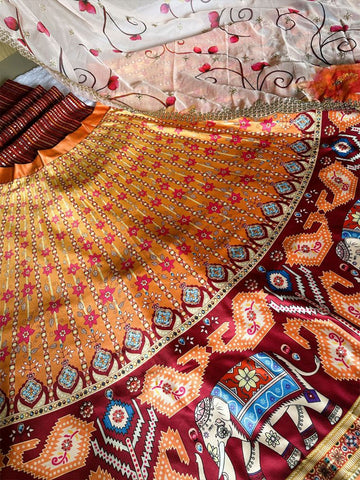 Embroidered Semi-Stitched Lehenga & Unstitched Blouse With Dupatta-Orange and black