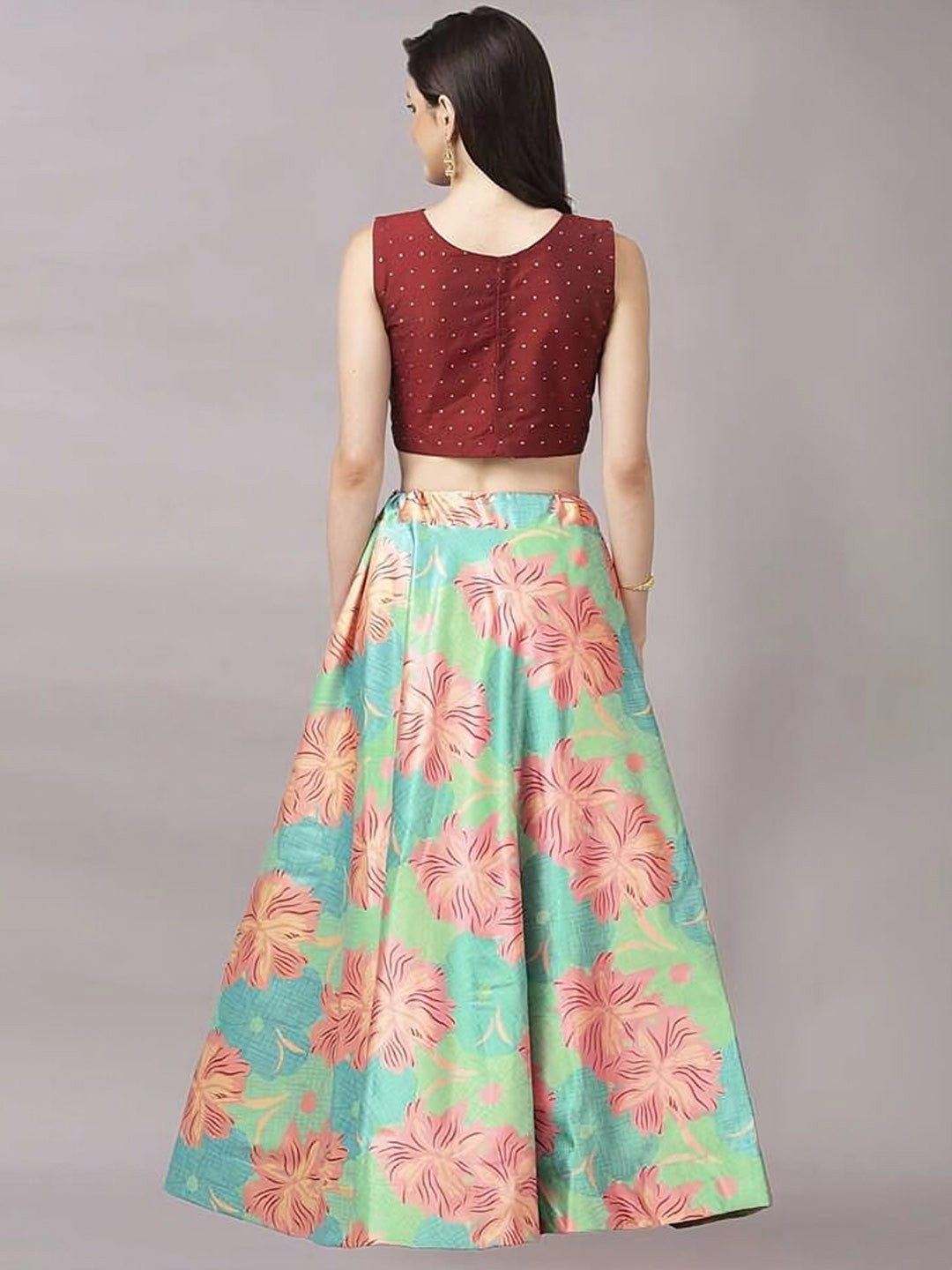 Green & Maroon Printed Sequinned Semi-Stitched Lehenga Choli