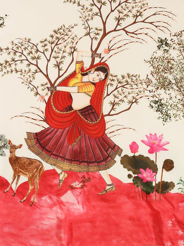 Printed Satin Semi-Stitched Lehenga & Unstitched Blouse-Red and cream