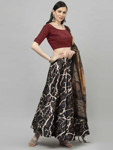 Black & Cream-Coloured Printed Semi-Stitched Lehenga Choli