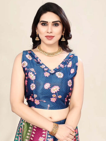 Printed Semi-Stitched Lehenga & Unstitched Blouse With Dupatta- Blue and red