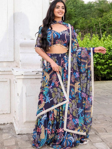 Floral Printed Semi-Stitched Lehenga & Unstitched Blouse With Dupatta-Navy blue and pink