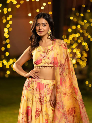 Printed Satin Semi-Stitched Lehenga & Unstitched Blouse With Dupatta-Mustard and pink