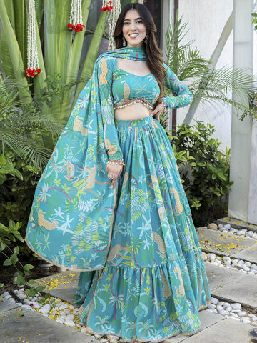 Floral Printed Semi-Stitched Lehenga & Unstitched Blouse With Dupatta-Sea green and green
