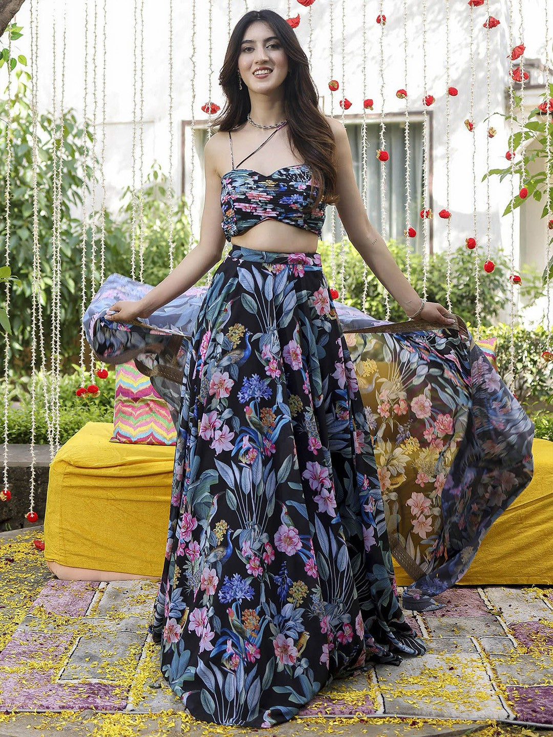 Printed Sequinned Semi-Stitched Lehenga & Unstitched Blouse With Dupatta-Black and pink