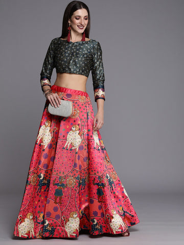 Printed Semi-Stitched Lehenga & Unstitched Choli-pink and black