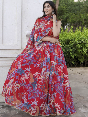 Floral Printed Semi-Stitched Lehenga & Unstitched Blouse With Dupatta-Red and blue