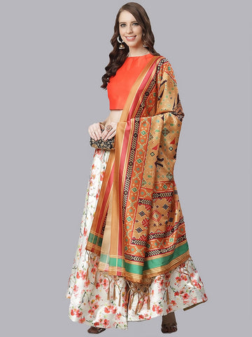 Printed Semi-Stitched Lehenga & Unstitched Blouse With Dupatta- cream and orange