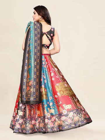 Printed Semi-Stitched Lehenga & Unstitched Blouse With Dupatta-Grey & Blue