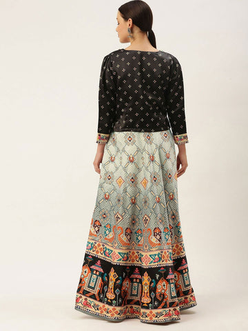 Printed Semi-Stitched Lehenga Choli-Black and beige