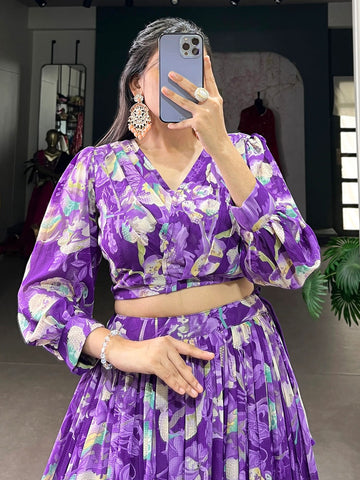 Printed Semi-Stitched Lehenga & Unstitched-Purple and green