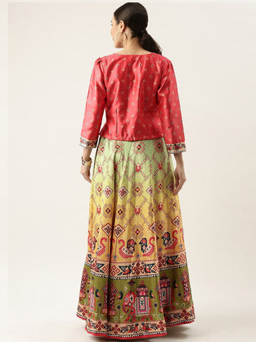Printed Semi-Stitched Lehenga & Unstitched-Pink and green