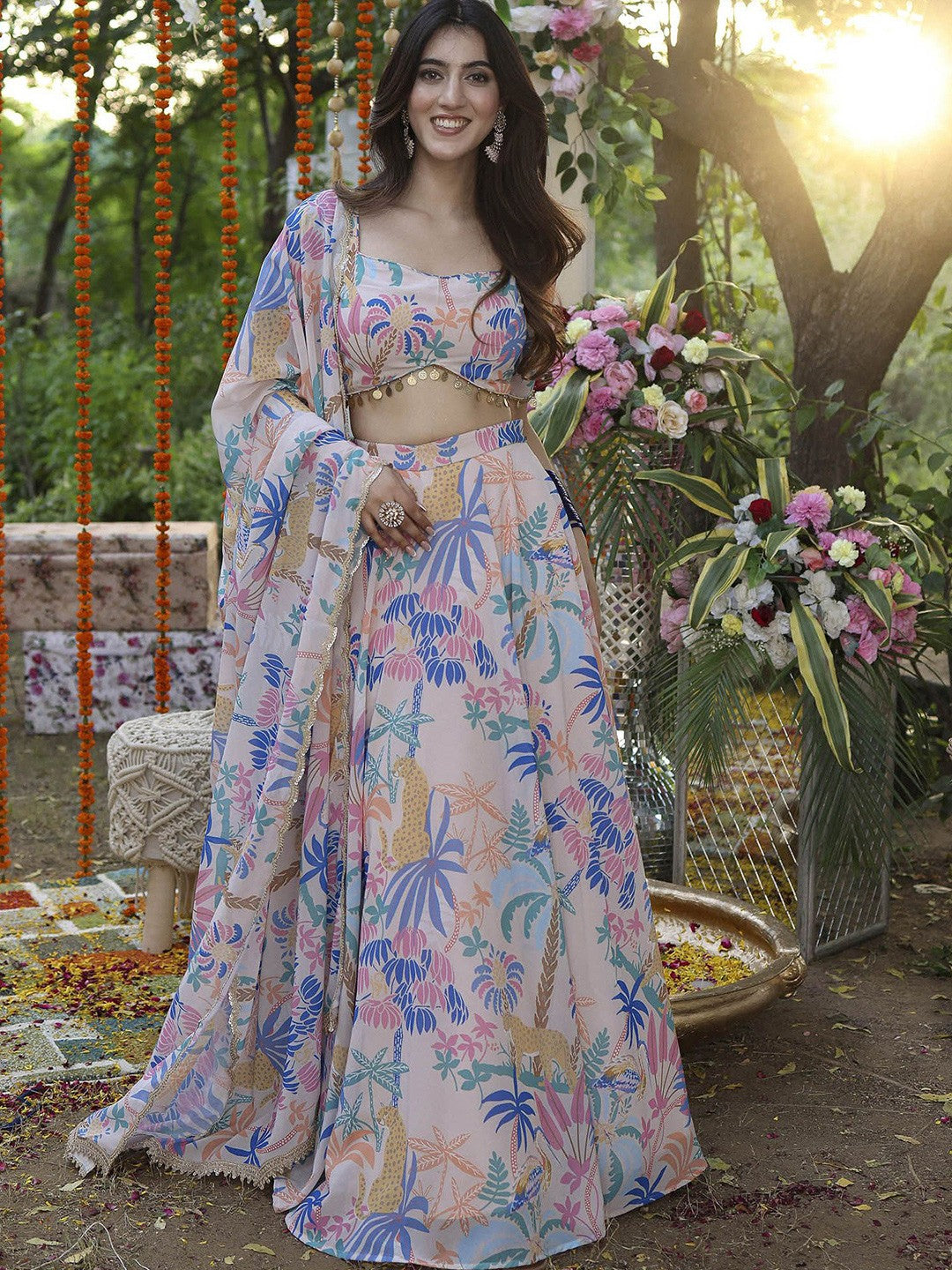 Floral Printed Semi-Stitched Lehenga & Unstitched Blouse With Dupatta-Pink and blue