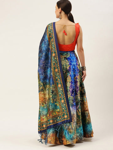 Printed Semi-Stitched Lehenga & Unstitched Blouse With Dupatta-blue and yellow