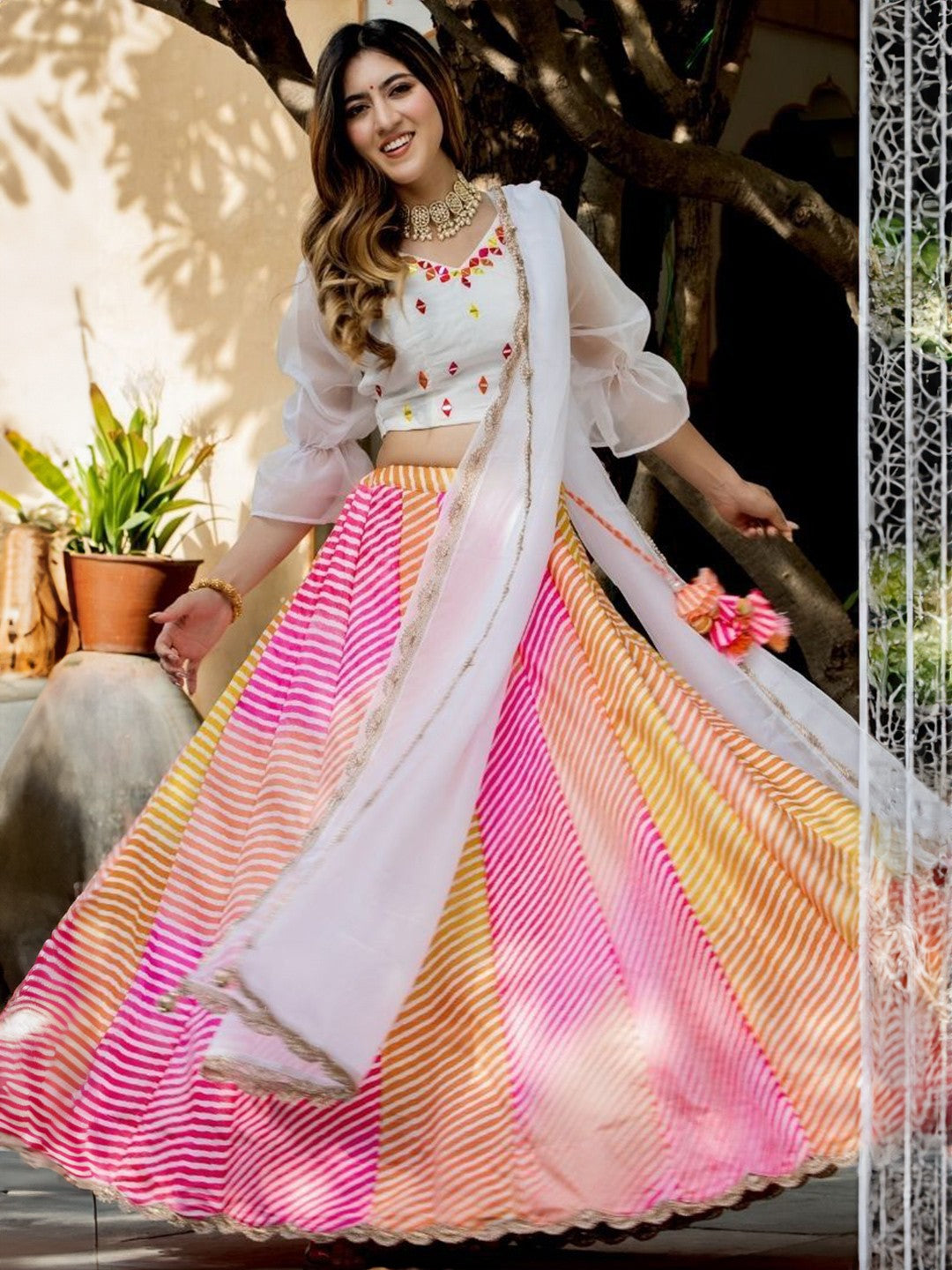 Embroidered Semi-Stitched Lehenga & Unstitched Blouse With Dupatta-Pink, yellow and white