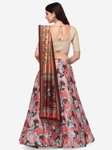 Printed Semi-Stitched Lehenga & Unstitched Blouse With Dupatta-Cream and maroon