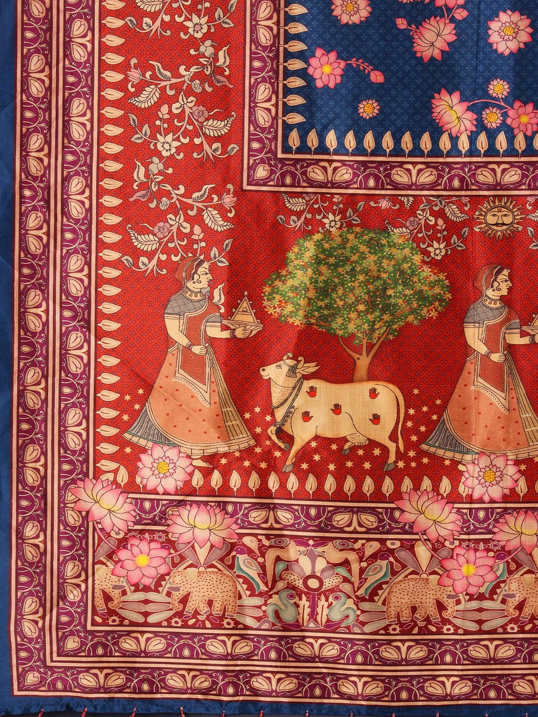 Printed Semi-Stitched Lehenga & Unstitched Blouse With Dupatta- Blue and red