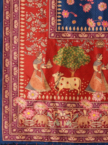 Printed Semi-Stitched Lehenga & Unstitched Blouse With Dupatta- Blue and red