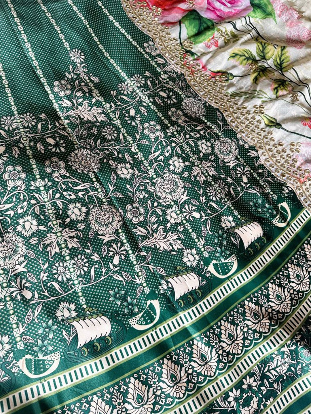 Embroidered Semi-Stitched Lehenga & Unstitched Blouse With Dupatta-Green and white