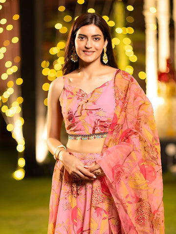 Printed Satin Semi-Stitched Lehenga & Unstitched Blouse With Dupatta-Peach, brown and yellow