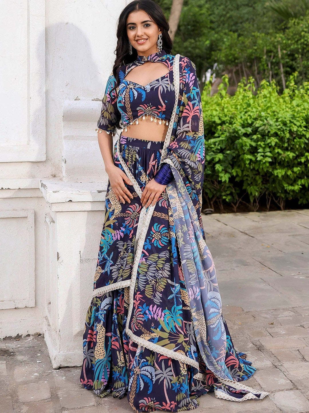 Floral Printed Semi-Stitched Lehenga & Unstitched Blouse With Dupatta-Navy blue and pink