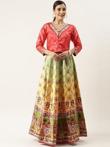 Printed Semi-Stitched Lehenga & Unstitched-Pink and green