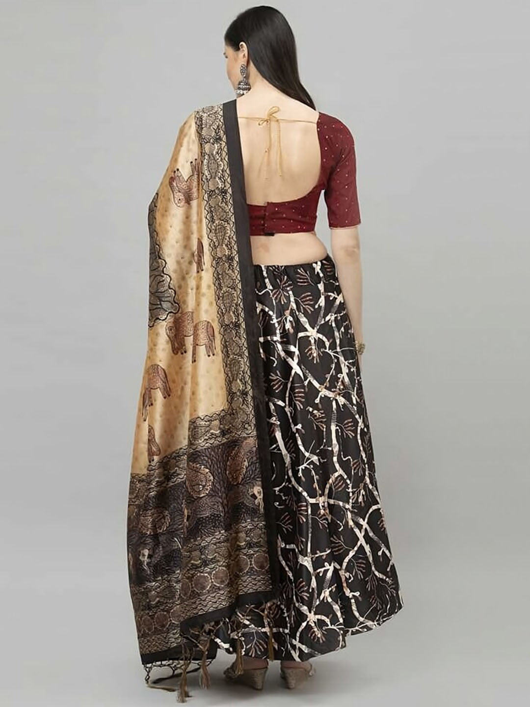 Black & Cream-Coloured Printed Semi-Stitched Lehenga Choli