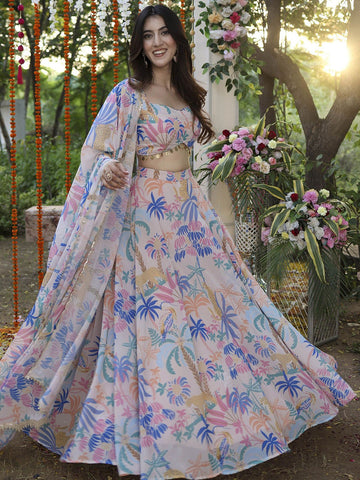 Floral Printed Semi-Stitched Lehenga & Unstitched Blouse With Dupatta-Pink and blue