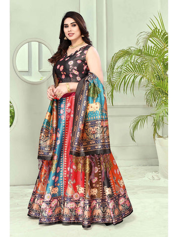 Printed Semi-Stitched Lehenga & Unstitched Blouse With Dupatta-Grey & Blue