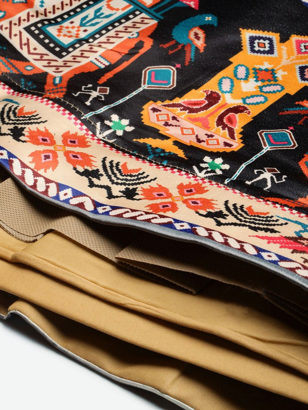 Printed Semi-Stitched Lehenga Choli-Black and beige