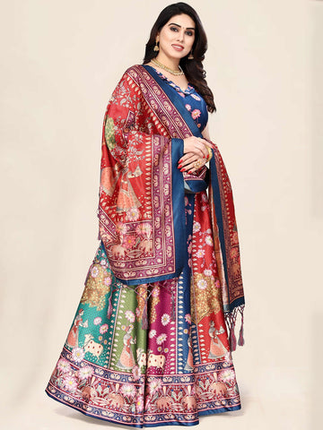 Printed Semi-Stitched Lehenga & Unstitched Blouse With Dupatta- Blue and red