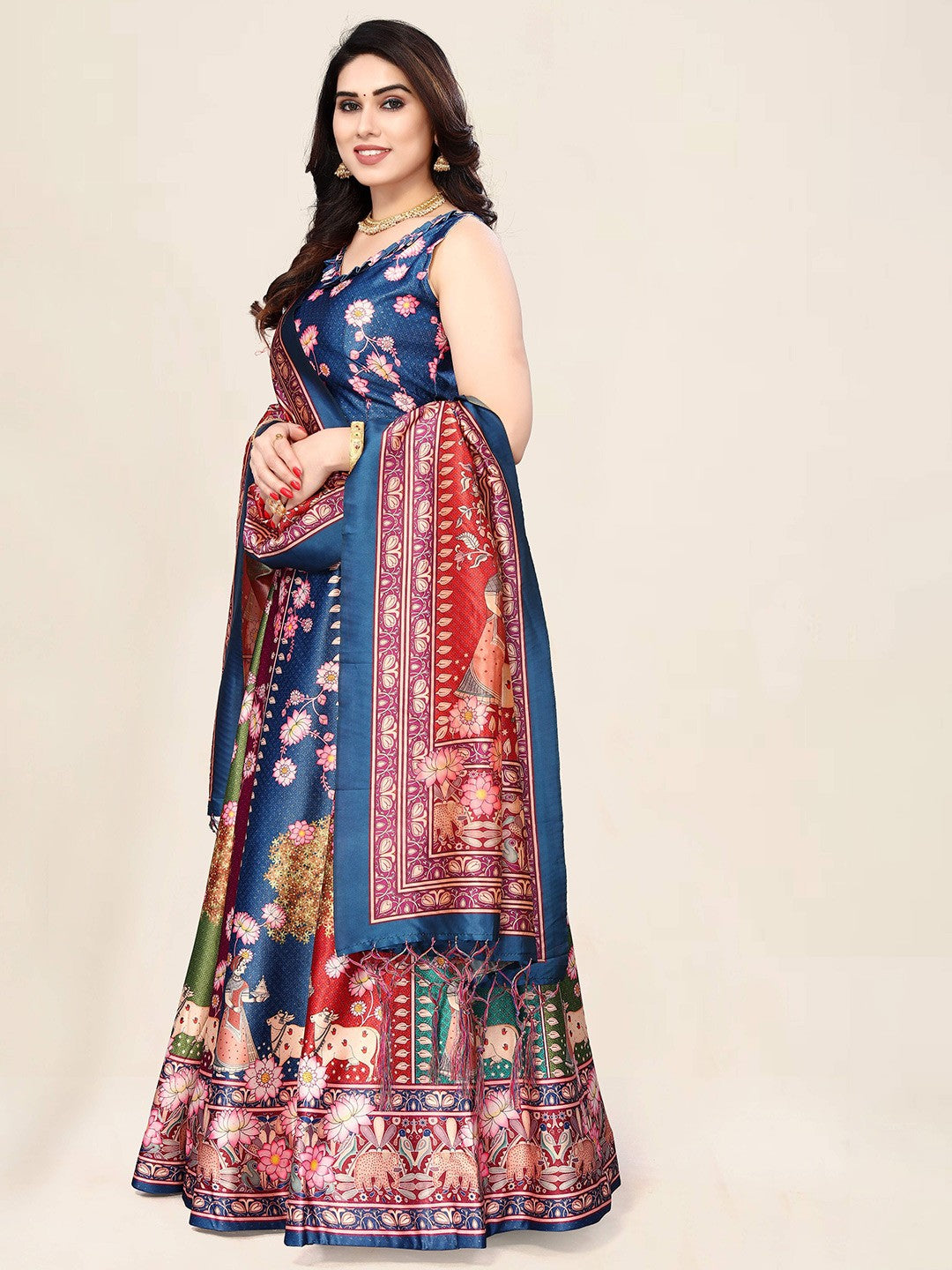 Printed Semi-Stitched Lehenga & Unstitched Blouse With Dupatta- Blue and red