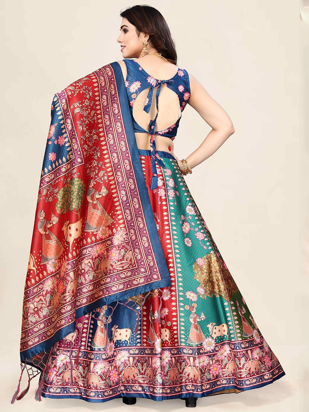 Printed Semi-Stitched Lehenga & Unstitched Blouse With Dupatta- Blue and red