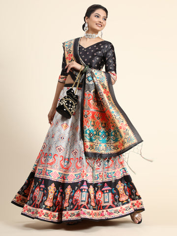 Black & Grey Printed Semi-Stitched Lehenga & Blouse With Dupatta