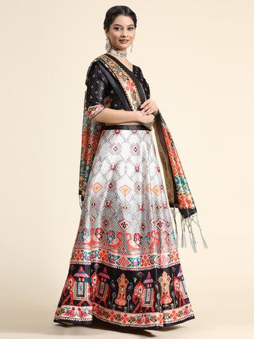 Black & Grey Printed Semi-Stitched Lehenga & Blouse With Dupatta