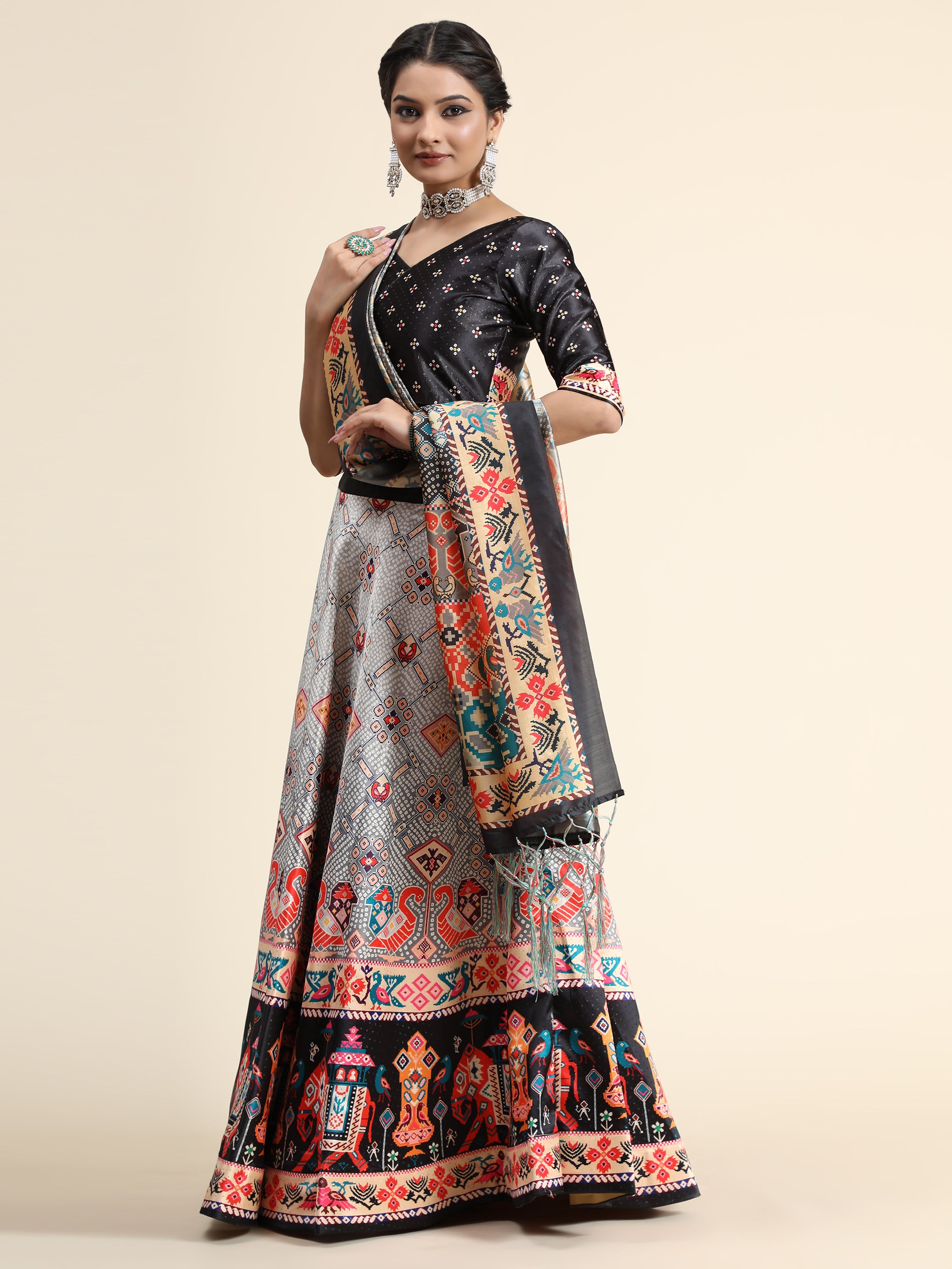 Black & Grey Printed Semi-Stitched Lehenga & Blouse With Dupatta